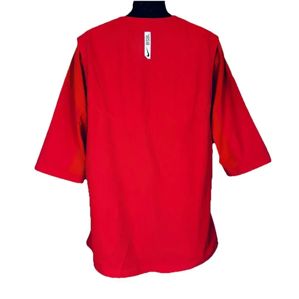 Nike Baseball Shirt Mens LG Red 3/4 Sleeve V-Neck Zip Pockets Cage Pullover Vent